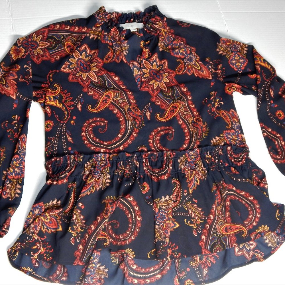 LOFT Navy Long Sleeve Paisley Ruffled Peplum Top